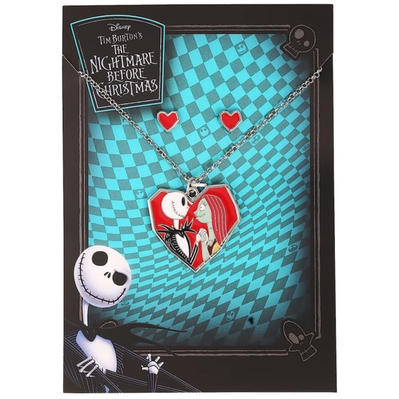 Jack Sally Skellington Heart Necklace Earrings Set Nightmare Before Christmas - Picture 9 of 9